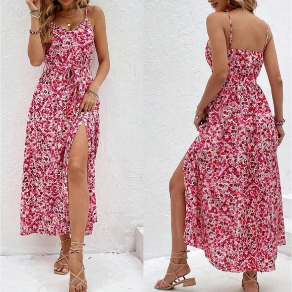 Boho Flor print slit thigh belted cami maxi dress - Picture 2 of 7